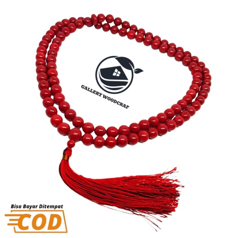 Tasbih Batu Coral Marjan Merah motif tabung, bulat Asli original