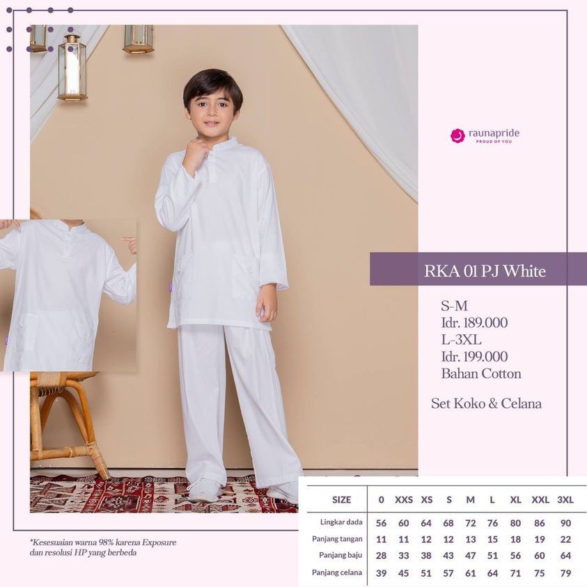KOKO ANAK PUTIH by RAUNA , KOKO ANAK SET CELANA , RKA 01 PJ WHITE by RAUNA