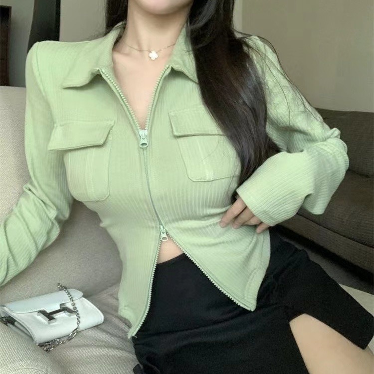 YURUMA Jaket T-shirt lengan panjang warna solid pelangsing ala Korea