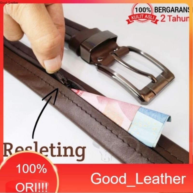 Sabuk Pria/Ikat Pinggang Pria 100% ORIGINAL Kulit Asli Garut Resleting kualitas Premium/Gesper Resle