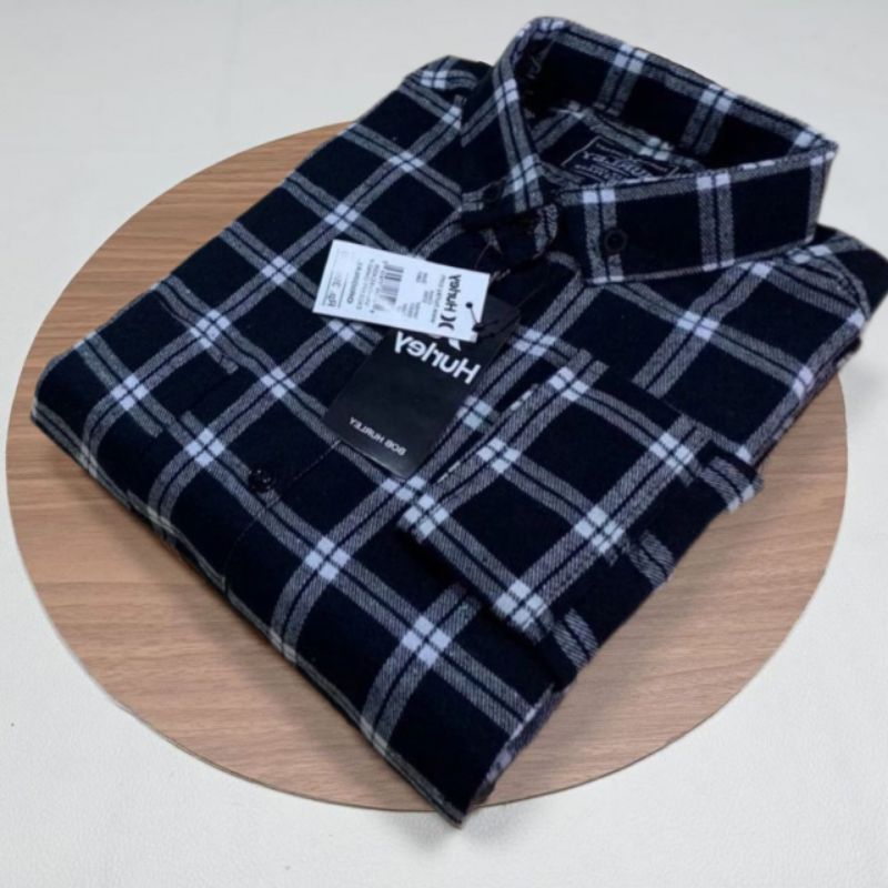 AYZ14- Kemeja Flanel Pria Wanita Lengan Panjang Premium Motif Garis Putih Double