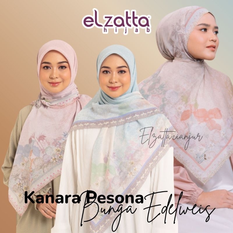 ELZATTA HIJAB SEGI EMPAT PESONA BUNGA EDELWEISS BAHAN VOAL PREMIUM MOTIF PREMIUM KERUDUNG ELZATTA JI