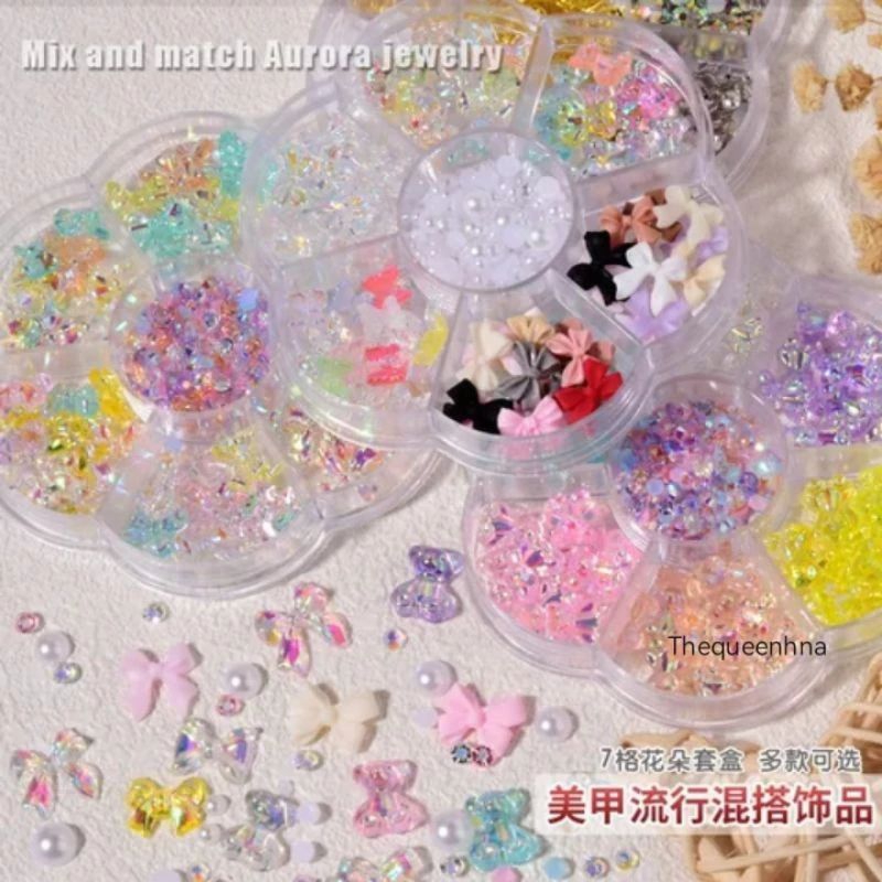 A03 7IN1 Set 7 Sekat Hiasan Kuku 3D Bentuk Simpul Pita Aurora Ornamen Kuku Resin Aksen Berlian