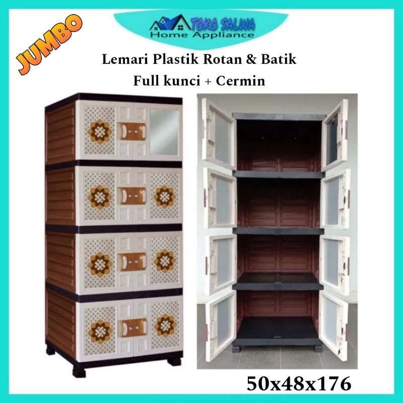 Lemari pakaian plastik ukuran jumbo susun 4 motif rotan/batik