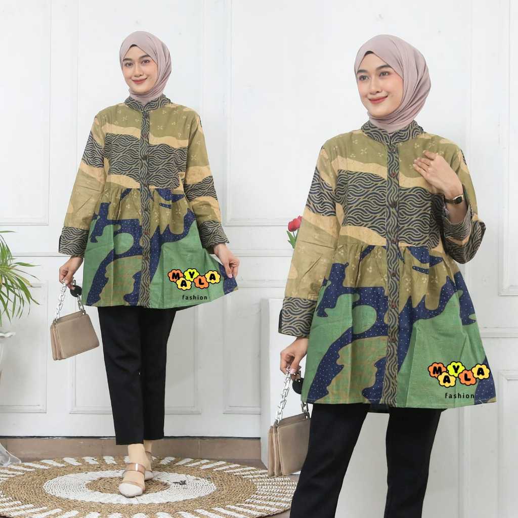 Tunik Batik Blouse Viona Atasan Batik Wanita Blus Batik Puffy Shoulders Model Peplum Payung Blus Mah