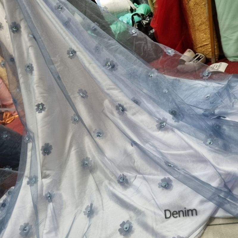 Kain Organza 3d | Bahan Organdi Kaca Motif Bunga Timbul Mutiara