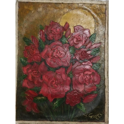 Lukisan Bunga Mawar Merah Karya Maestro Tatang Ganar 1990 Bersertifikat