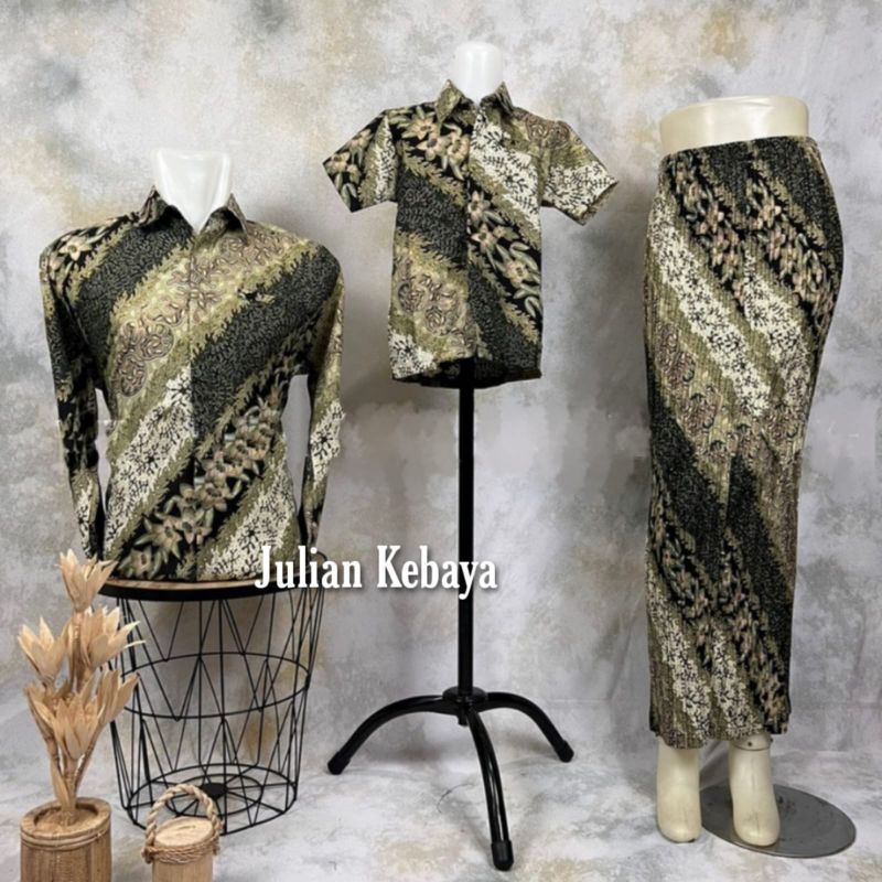 Couple Rok Dan Kemeja Batik Ayah Anak / Couple Kemeja Dan Rok Plisket Batik CM Sage Green / Set Bati