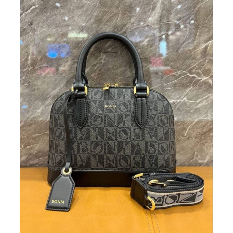 tas bonia original alma monogram hitam tali lebar