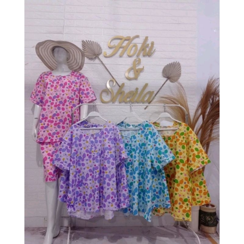 HOKI SHEILA XXL Jumbo Baju Tidur katun wanita Celana 3/4 (Leaf 3)