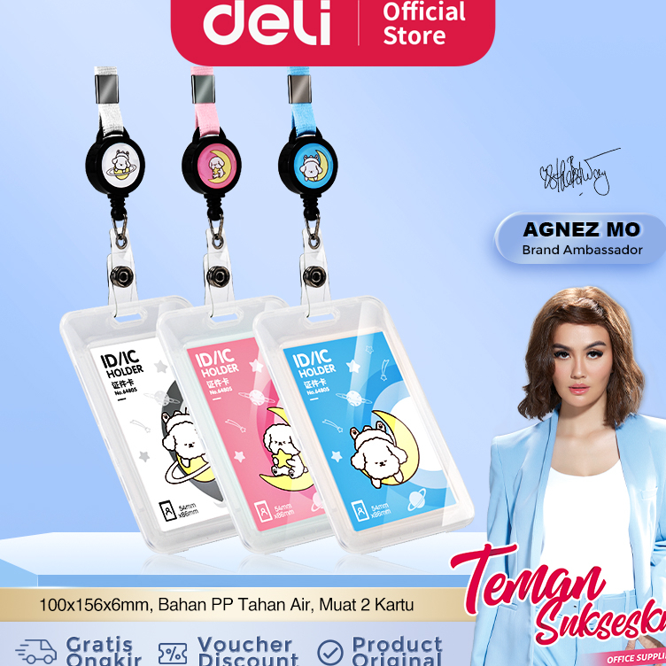 

➘✣✰ Deli Name Tag Kartu Tanda Pengenal Motif Doodle Warna Putih/Pink/Biru, Lanyard Bisa Ditarik 6480X