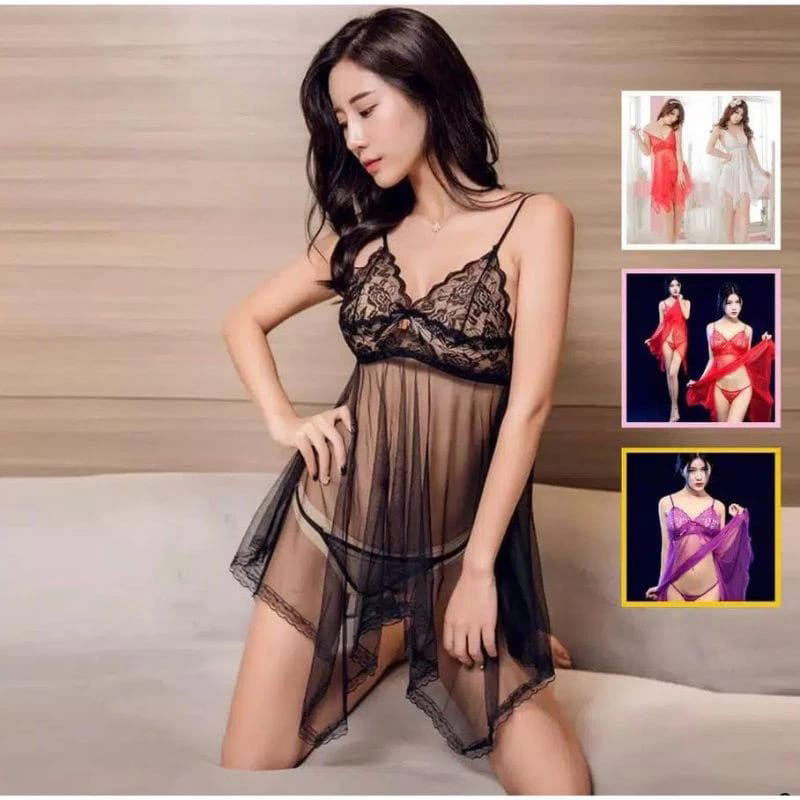 Baju Tidur Wanita Sexy Set Lingerie V-Neck Motif Renda Sexy