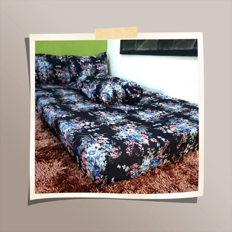 Sprei Katun Motif Bunga Estetik Dasar Hitam