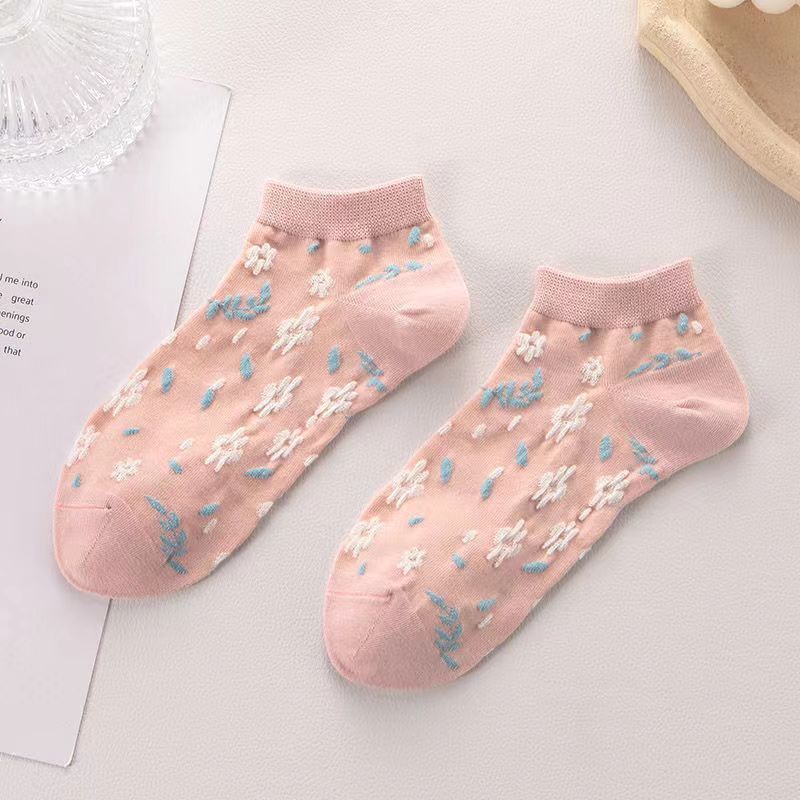 •YF•KK1434 Kaos Kaki Pendek Wanita Motif Bunga Flower Pink Semata Kaus Kaki Socks Korean Fashion