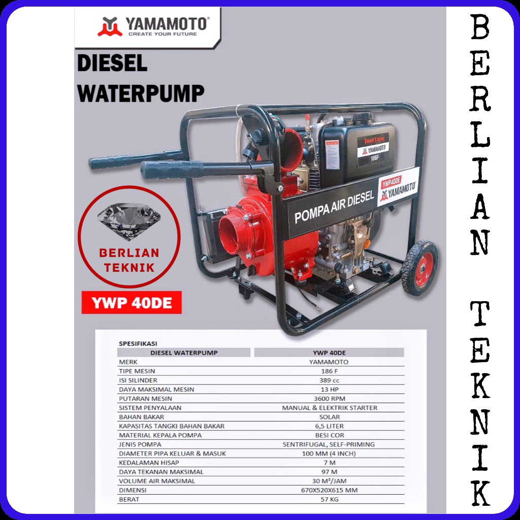 Mesin Pompa Air Solar Diesel Water Pump Yamamoto YWP 40 DE / 4 Inch Starter