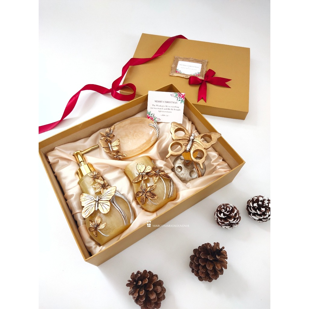 GOLDEN BUTTERFLY SOAP DISPENSER HAMPER SET ULTAH KADO SOUVENIR PERNIKAHAN VIP