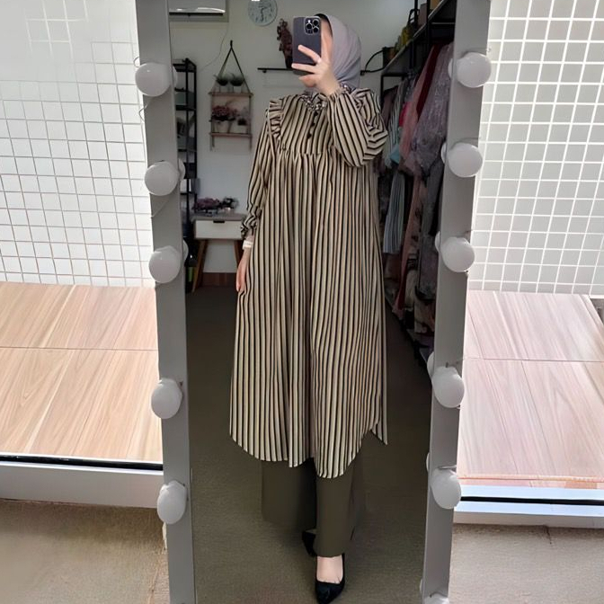 ONE SET KEYLA TUNIK MOTIF SALUR NEW - SETELAN TUNIK MOTIF GARIS MILOVA TWILL CELANA CRINKLE PREMIUM 