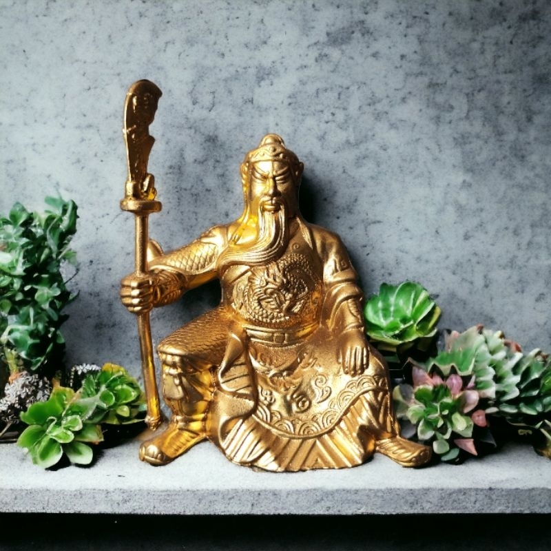 Patung Rupang Dewa Kwan Kong - Guan Dong Duduk Memegang Pedang Bahan Logam Alloy