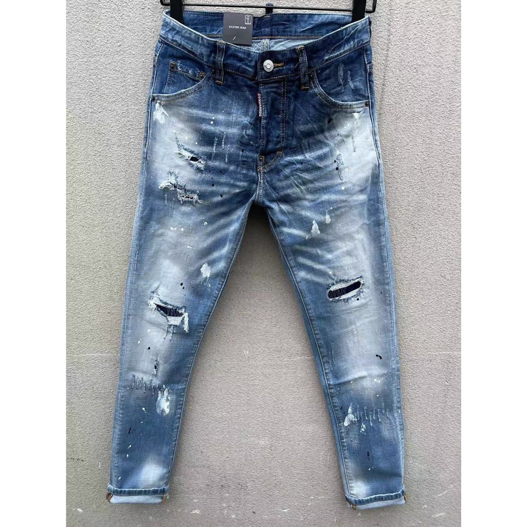 DSQUARED2 Jeans Pria Tren Fashion Celana Jeans Sembilan Titik Pergelangan Kaki Potong Ramping Cat Pe