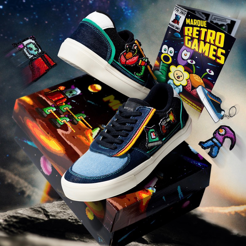 MARQUE RETRO GAMES vol 2.0 - Sepatu dengan Konsep Outer Space Arcade, dengan 4 Patch, Packaging yang