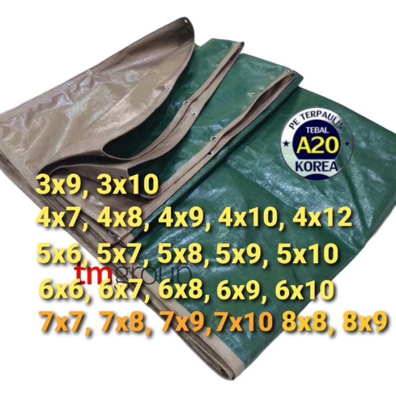 Terpaulin Terpal a20 liner UV 6x8 6x9 5x8 4x10 4x12 5x10 6x10 7x8 7x9 Green golden korea truk tenda 