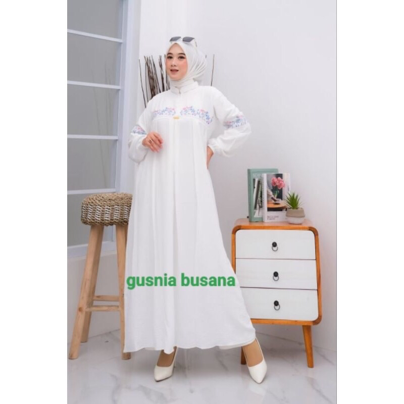 Gamis Polos Bahan Crinkle Airflow Bordir Bunga Cantik Terbaru