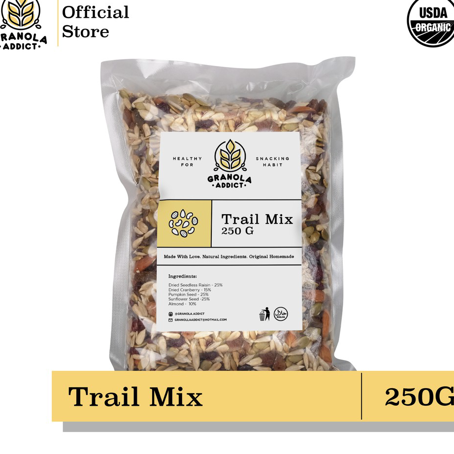 

Ready Stock Granola Addict - Trail Mix (Sunflower, Pumpkin Seeds, Almond, Raisin, Cranberry) 250G Terkini