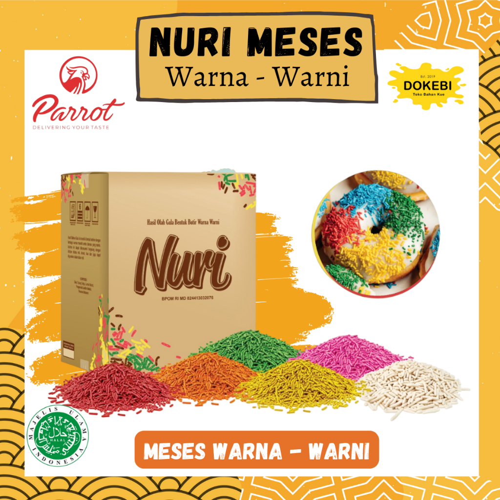 

NURI MESSES Repack 100 250 GR - PARROT Meises / Sprinkle Coklat Rainbow Putih Merah Pink Muda Orange Hijau Kuning - Topping Meses Taburan Donut Roti Kue Cake Chocolate Pelangi Warna-Warni - Timbangan Kiloan - Springkle Chocorice Ceres Premium