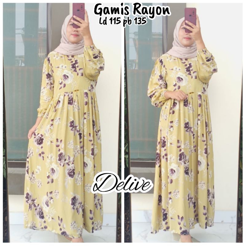 Gamis Rayon motif bunga//Gamis rempel//Gamis warna lime green//Gamis rayon