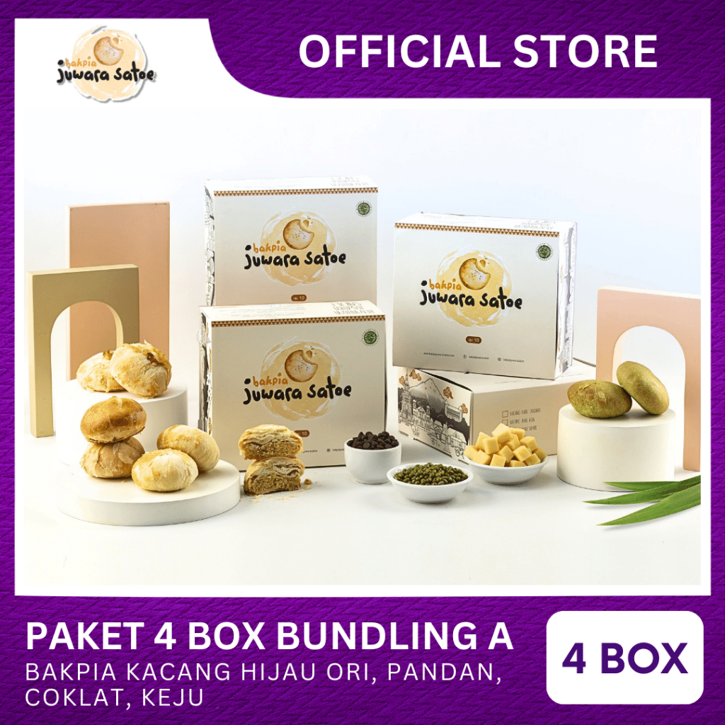 

[ 4 BOX ] PAKET BUNDLING A (ORI,PANDAN,COKLAT,KEJU) - BAKPIA JUWARA SATOE