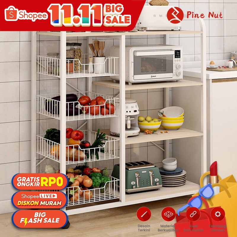 Pine Nut Rak Dapur Susun Minimalis / Rak Oven Microwave Besar / Bumbu Dapur Kayu Serbaguna