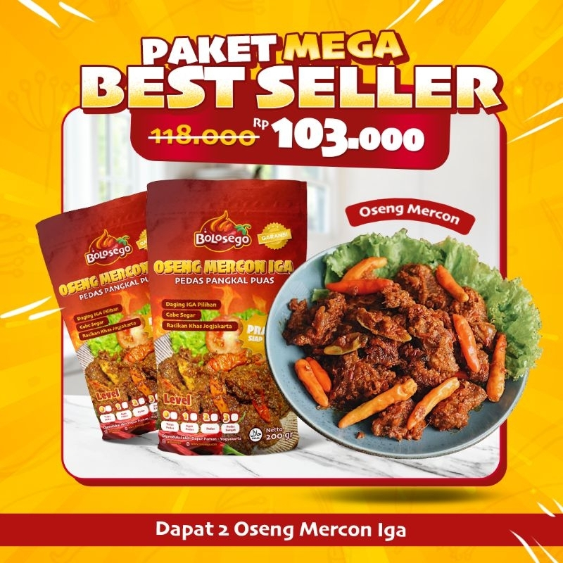 

BERGARANSI! PAKET MEGA BEST SELLER (ISI 2 PACK OSENG MERCON IGA), @200 GRAM.HALAL- BOLOSEGO