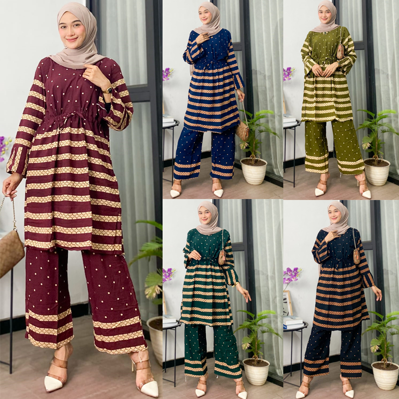 Set Tunik Polkadot Tali Serut Setelan Kekinian Setelan Tunik Rayon Celana Panjang By Afareen Delabel