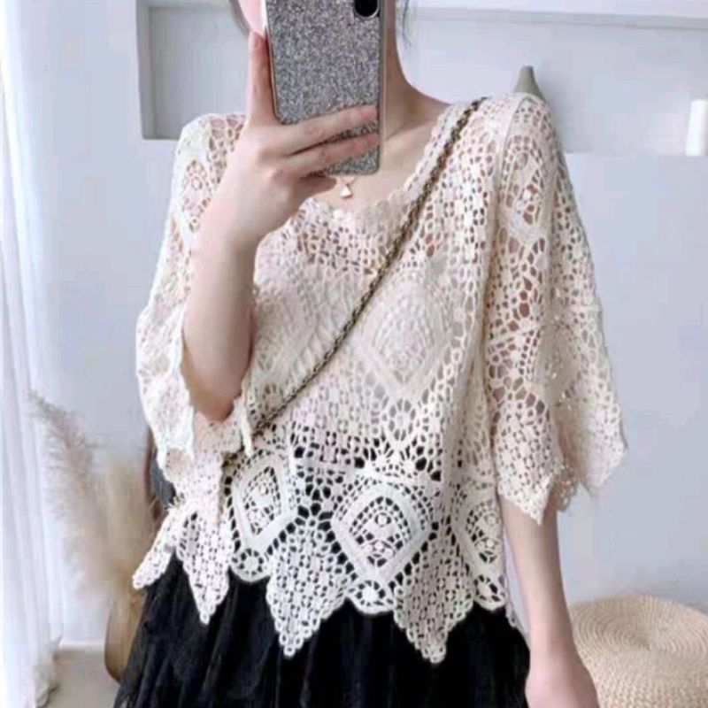 35110 Baju atasan outer cardigan SOPRADA CROCHET TOP lengan kalong putih creme luaran Korea Korean s