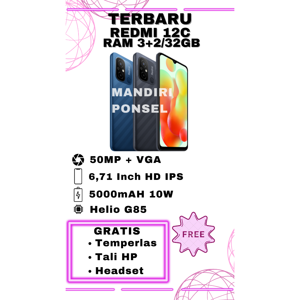 XIAOMI REDMI 12C RAM 5G (3+2 EXTEND/32GB) GARANSI RESMI GRATIS HEADSET, TEMPERGLAS dan TALI HP