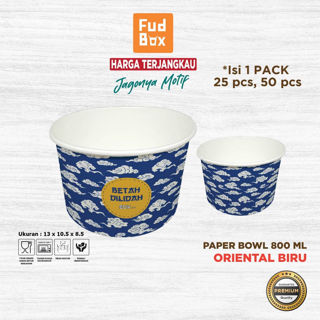 Paper Bowl 800 ml dengan Tutup Paper Rice Bowl Motif Oriental Biru/Mangkuk Makanan
