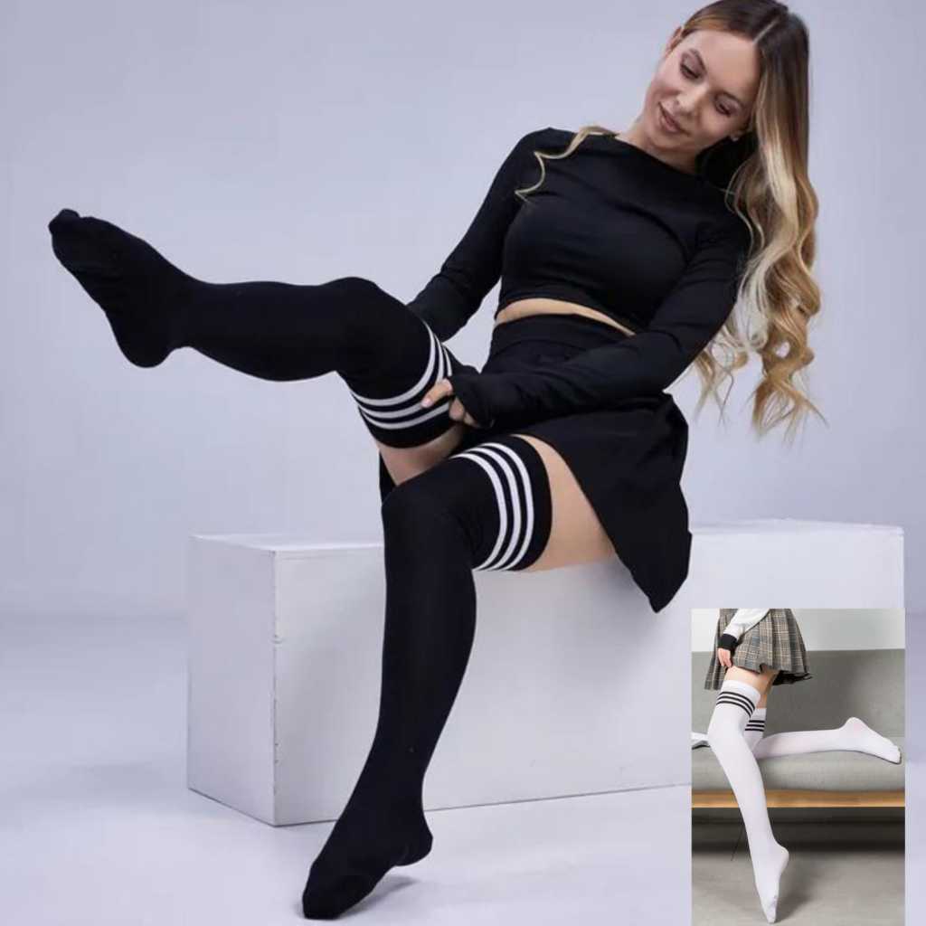 ITBEL - Kaos Kaki Wanita OverKnee Strip 3 Diatas Lutut Kaus Kaki Panjang  Dibawah Paha Wanita Ala Ko