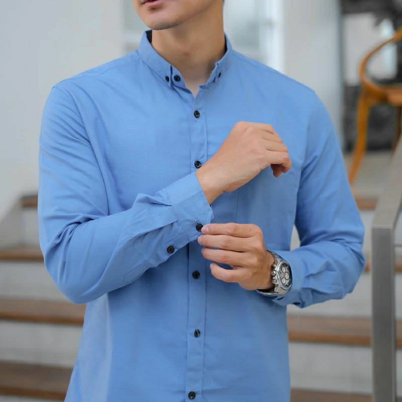 Kemeja Pria Biru Laut Lengan Panjang Kemeja Casual Polos Kerah Sanghai
