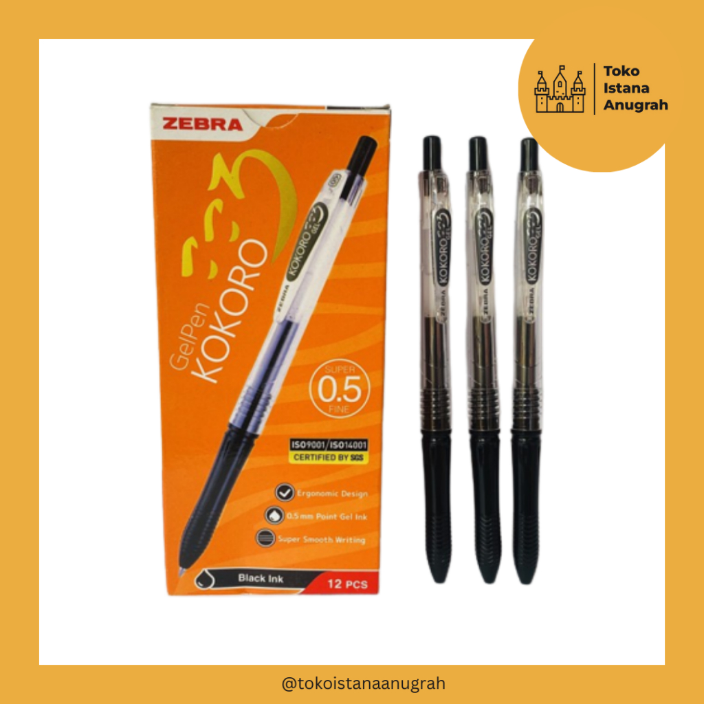 

Pulpen Ballpoint Gel Zebra Kokoro Hitam Isi 12 pcs