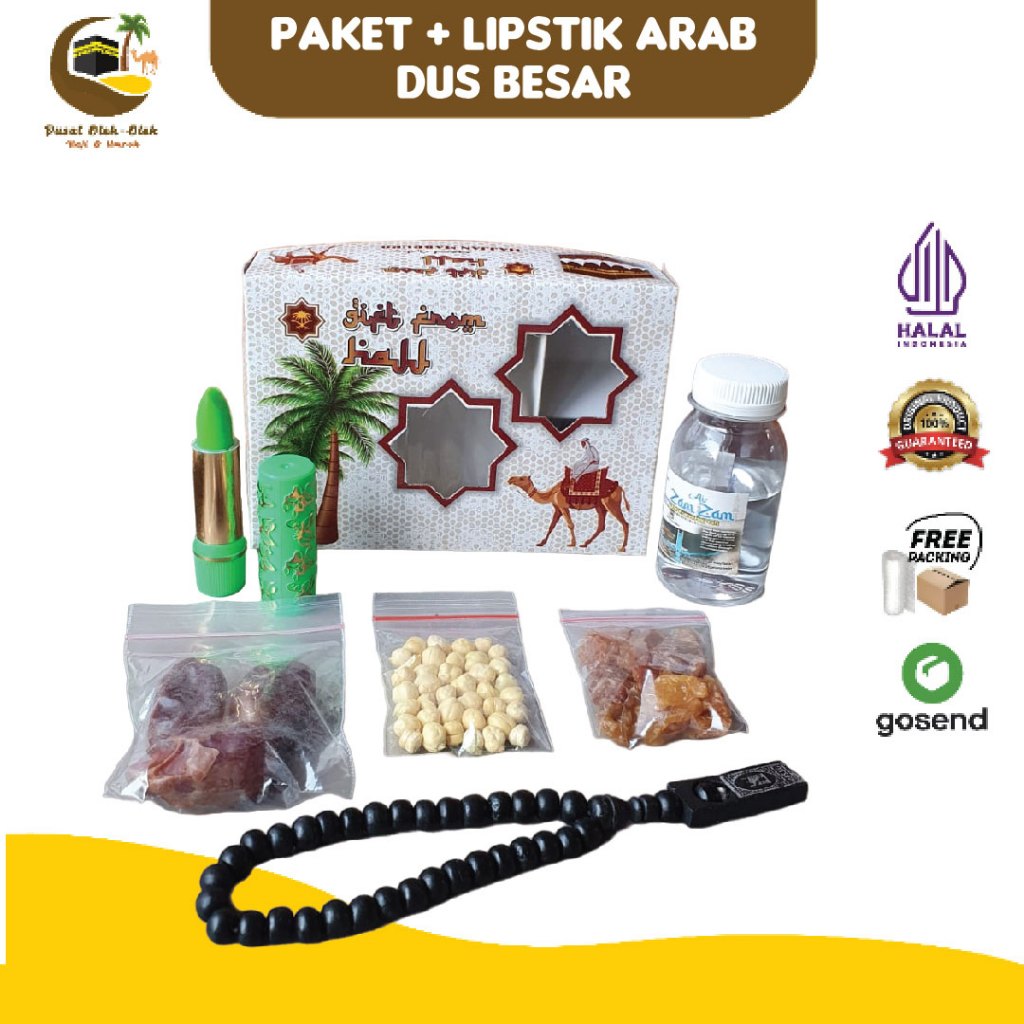 

paket oleh oleh haji dan urmroh + air zamzam 40 ml botol 50 ml + kismis golden + lisptik arab + tasbih kayu