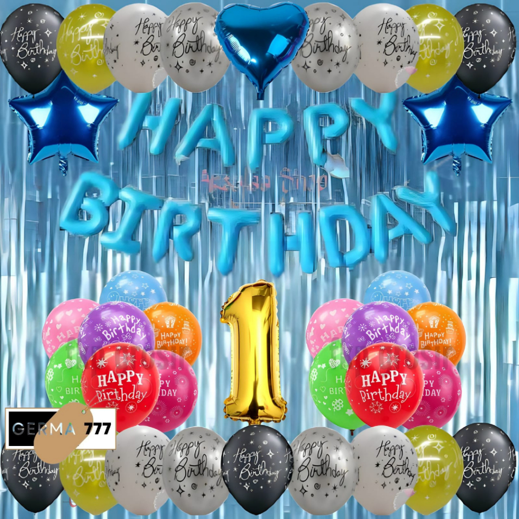 Dekor Ulang Tahun Simple Balon Happy Birthday Dekorasi Hiasan Pesta Ultah Anak Tirai Biru Tua
