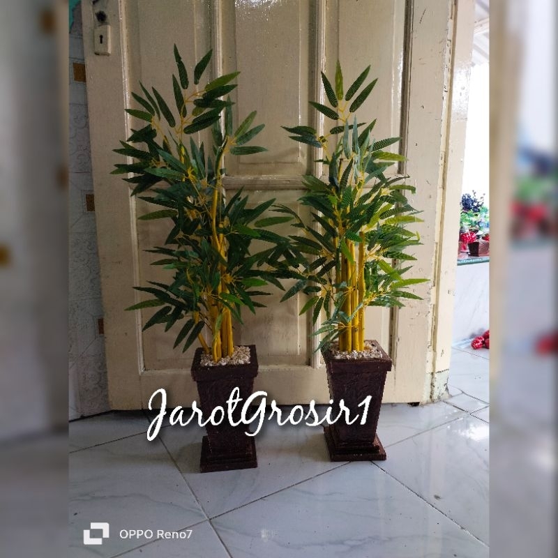 BUNGA PLASTIK BAMBU KUNING+POT TINGGI 100CM . BUNGA HIAS ARTIFICIAL DEKORASI BAMBU KUNING PAJANGAN I