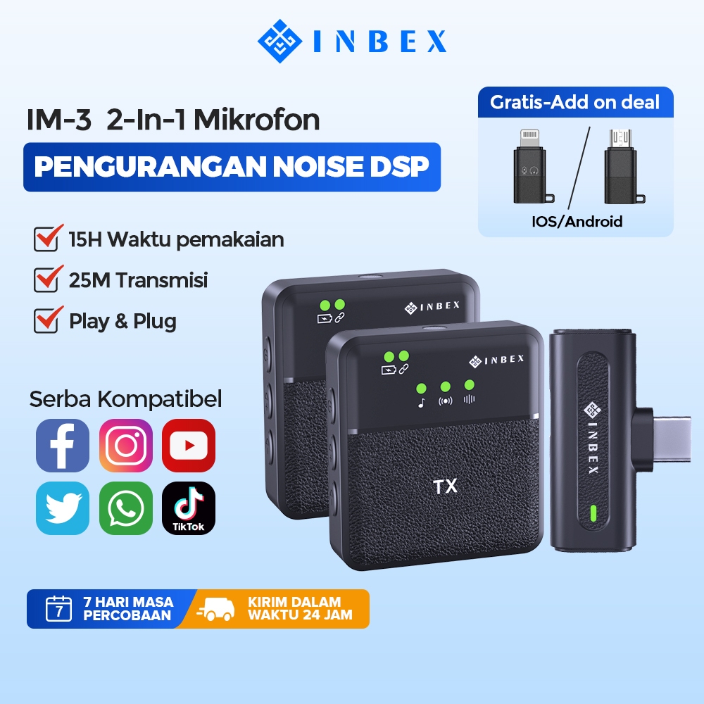 INBEX IM-3 Mic Clip On Wireless / Mic Wireless 2 in 1 Lavalier Mikrofon Bluetooth Microphone Wireless Youtube Tiktok Vlog Plug &amp; Play