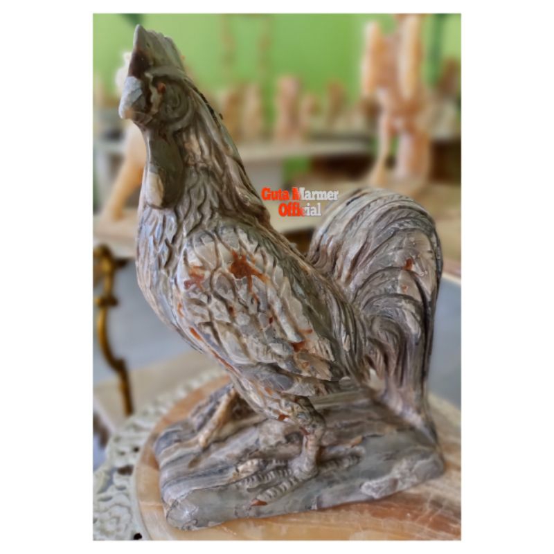 Patung Ayam Jago Batu Onix Abu Abu Finishing Rapi Detail Glosy Mengkilap