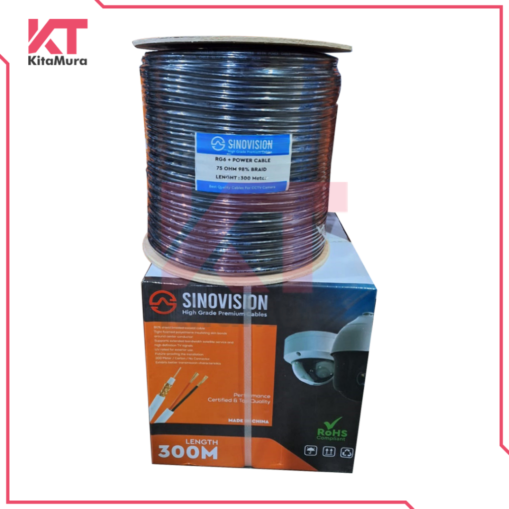 Kabel Coaxial CCTV Sinovision RG6 Plus Power 300M / 300 Meter HITAM Outdoor