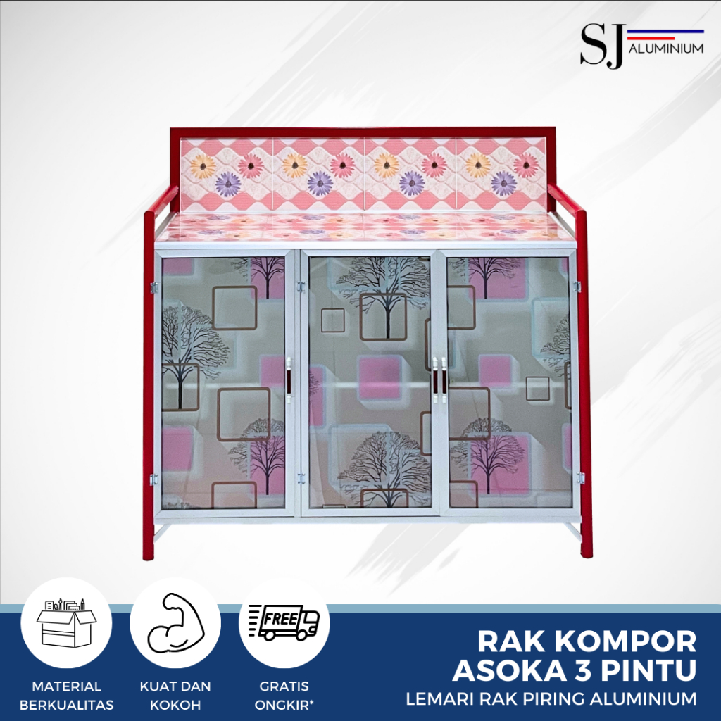 SJA - Rak Piring / Lemari Piring / Rak Dapur Kaca Aluminium - Kompor Asoka 3 Pintu