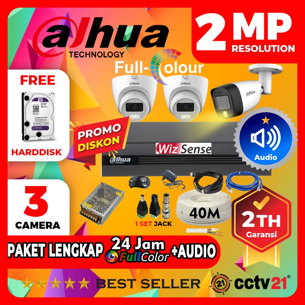 Paket 3 cctv Kamera 2MP ColorVu Audio DAHUA Full Color 24Jam Berwarna Kabel 50M Harga Promo cctv21