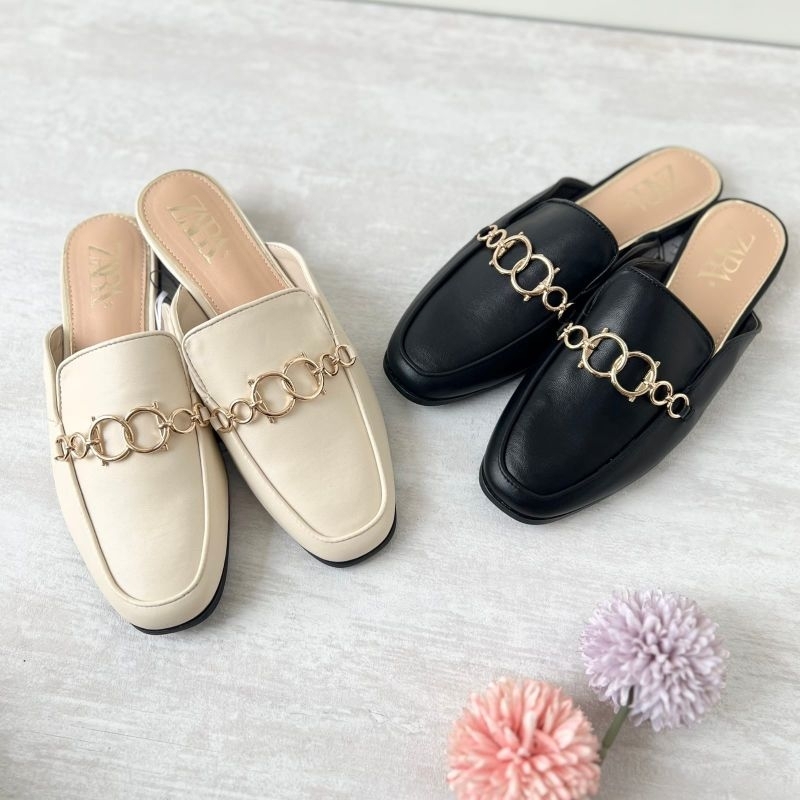 PROMO SALE Sepatu selop Zara flat shoes sandal hitam putih
