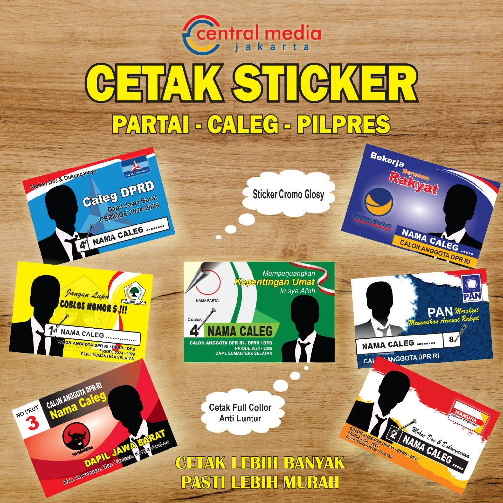 

Cetak Sticker Caleg Ukuran 13x8 cm Stiker Kampanye Partai Pilpres 2024