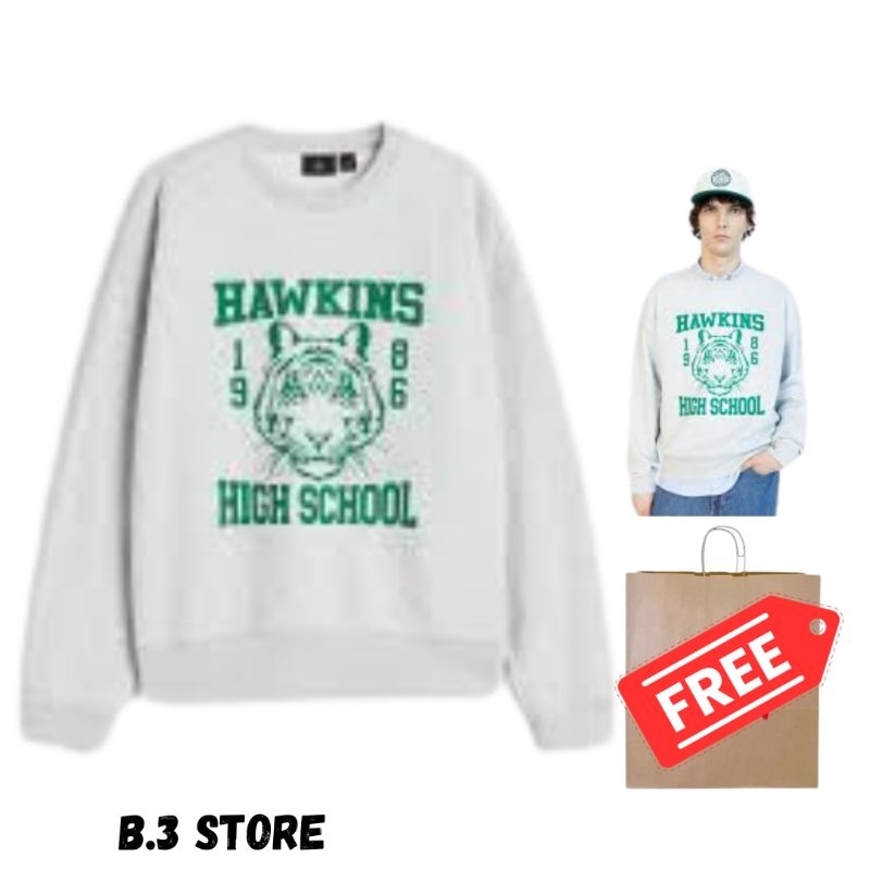 Crewneck Sweater HM Hawkins High School Grey Sweatshirt Jaket Pria Wanita Fulltag